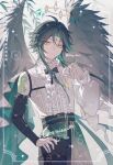  1boy 329kome adjusting_necklace alternate_costume angel angel_wings belt black_bow black_pants bow bowtie closed_mouth cowboy_shot facial_mark feathered_wings forehead_mark frilled_shirt frills genshin_impact green_hair halo hand_on_own_hip highres jewelry legwear_garter looking_at_viewer male_focus multicolored_hair necklace pants pearl_necklace shirt shoulder_tattoo simple_background single_sleeve solo standing tattoo two-tone_hair white_background white_wings wings xiao_(genshin_impact) yellow_eyes 