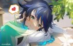  1boy anemo_symbol_(genshin_impact) aqua_hair arms_on_table artist_name bbtskazedaaaaa black_hair blue_hair blush cape frilled_sleeves frills genshin_impact gradient_hair green_cape head_on_arm heart highres leaf leaning_forward looking_at_viewer male_focus multicolored_hair outdoors shirt sitting sleeves_past_wrists smile solo sparkle spoken_heart upper_body venti_(genshin_impact) vision_(genshin_impact) white_shirt 