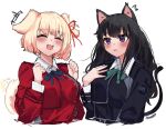  2girls :3 :d ^_^ animal_ears auraaa bangs blonde_hair bob_cut cat_ears cat_tail clenched_hands closed_eyes commentary cropped_torso dog_ears dog_girl dog_tail dress english_commentary green_necktie hair_ribbon hand_on_own_chest hand_up hands_up highres inoue_takina kemonomimi_mode long_sleeves looking_at_another lycoris_recoil lycoris_uniform multiple_girls neck_ribbon necktie nishikigi_chisato purple_eyes red_dress red_ribbon ribbon shirt short_hair signature simple_background smile tail tail_wagging upper_body white_background white_shirt wing_collar 