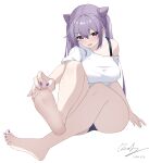  1girl bare_legs barefoot bra_strap candy_shunya commentary_request cone_hair_bun genshin_impact hair_bun highres keqing_(genshin_impact) long_hair nail_polish no_pants off_shoulder purple_eyes purple_hair purple_nails simple_background single_bare_shoulder solo toenail_polish toenails twintails white_background 