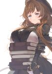  1girl beret blue_eyes blush book brown_hair character_request closed_mouth commentary_request gloves granblue_fantasy hat highres holding holding_book looking_at_viewer low_twintails mizopost simple_background solo twintails white_background 