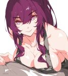  1girl bare_shoulders breasts cleavage commentary highres honkai:_star_rail honkai_(series) kafka_(honkai:_star_rail) kili_kilio large_breasts long_hair looking_at_viewer purple_eyes purple_hair smile solo upper_body white_background 