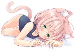  1girl animal_ear_fluff animal_ears arms_up bare_arms bare_legs bare_shoulders barefoot blue_one-piece_swimsuit blush breasts brown_hair cat_ears cat_girl cat_tail closed_mouth commentary_request full_body green_eyes hair_between_eyes looking_at_viewer manabe_mana old_school_swimsuit one-piece_swimsuit original school_swimsuit shadow simple_background small_breasts solo swimsuit tail wavy_mouth white_background 