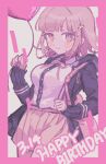  1girl balloon black_jacket blush danganronpa_(series) danganronpa_2:_goodbye_despair dated flipped_hair hair_ornament happy_birthday highres holding holding_balloon jacket long_sleeves medium_hair nanami_chiaki oh_0409 open_clothes open_jacket pink_eyes shirt shirt_tucked_in smile spaceship_hair_ornament two-tone_shirt 