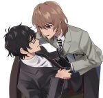 2boys akechi_gorou amamiya_ren black-framed_eyewear black_gloves black_hair blush brown_hair elut from_side glasses gloves hair_between_eyes jacket long_sleeves looking_at_another male_focus messy_hair multiple_boys necktie open_mouth persona persona_5 red_eyes school_uniform shirt short_hair shuujin_academy_school_uniform sitting sitting_on_person smile striped_necktie white_background yaoi 