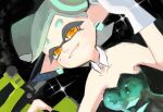  1girl bare_arms bare_shoulders black_dress bow-shaped_hair breasts collarbone detached_collar dress earrings flipped_hair food food_on_head gloves grey_hair highres hoop_earrings inkling jewelry marie_(splatoon) mole mole_under_eye object_on_head short_dress splatoon_(series) strapless strapless_dress swept_bangs tentacle_hair tombiham updo upper_body 