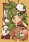 1girl :3 antenna_hair arm_at_side artist_name barefoot blush brown_jacket brown_sash brown_skirt closed_mouth commentary_request dango film_grain food food-themed_hair_ornament food_name full_body green_eyes green_hair hair_ornament hand_on_own_chin highres holding holding_spoon ice_cream_cone jacket long_hair looking_at_viewer matcha_(food) melting_eyes mochi original personification sanshoku_dango skirt sleeveless sleeveless_jacket solo spoon tetolapis translation_request very_long_hair wagashi yellow_background 