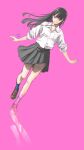  1girl absurdres black_hair blue_eyes blue_socks collared_shirt floating_hair full_body grey_skirt heterochromia highres key_(kagibangou) loafers long_hair looking_to_the_side original pink_background red_eyes shirt shoes sketch skirt sleeves_rolled_up smile socks solo white_shirt 