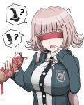  1boy 1girl 7cs_(congchuabuoito) :o black_jacket black_shirt blindfold breasts controller danganronpa_(series) danganronpa_2:_goodbye_despair dress_shirt flipped_hair galaga hair_ornament handjob highres jacket joystick large_breasts medium_hair microphone nanami_chiaki neck_ribbon open_clothes open_jacket penis pink_ribbon red_blindfold ribbon shirt sleeves_past_wrists solo_focus speech_bubble two-tone_shirt veins veiny_penis 