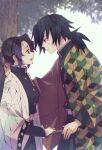  1boy 1girl :d against_tree anger_vein belt belt_buckle black_hair black_jacket blue_eyes buckle butterfly_hair_ornament closed_mouth eye_contact from_side gradient_hair hair_intakes hair_ornament hand_on_hilt haori highres holding holding_sheath jacket japanese_clothes kimetsu_no_yaiba kochou_shinobu long_hair long_sleeves looking_at_another multicolored_hair nakaya_(drwh7757) open_mouth profile purple_eyes purple_hair sheath short_hair signature smile sweatdrop tomioka_giyuu tree white_belt 