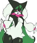  2022 3_fingers :d anthro biped black_claws breast_curtains breasts claws cute_fangs digital_media_(artwork) eyebrows featureless_crotch female fingers fur generation_9_pokemon green_body green_fur hi_res leaked_pokemon light_body light_fur mask medium_breasts meowscarada navel nintendo open_mouth pawpads petals pink_eyes pink_pawpads pokemon pokemon_(species) portrait purple_nose purple_tongue ringed_eyes rinkae simple_background smile solo teeth thigh_gap three-quarter_portrait tongue video_games white_background 