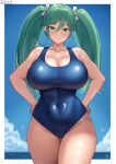  1girl black_hair blue_eyes blue_hair blue_one-piece_swimsuit blush breasts cleavage cloud cloudy_sky competition_school_swimsuit day hair_ribbon hairband highres isuzu_(kancolle) kantai_collection large_breasts long_hair looking_at_viewer ocean one-piece_swimsuit revision ribbon school_swimsuit shiromaru_(maniado) sky smile solo swimsuit twintails water 
