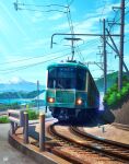  blue_sky bollard car cloud commentary_request enoshima_electric_railway grass ground_vehicle guard_rail highres motor_vehicle mountain mugumo_24k no_humans original outdoors power_lines railroad_tracks revision scenery sky train utility_pole vehicle_focus watermark 