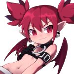  1girl choker demon_girl demon_wings disgaea earrings etna_(disgaea) flat_chest jewelry looking_at_viewer navel o-ring o-ring_choker pointy_ears red_eyes red_hair short_twintails simple_background skull_earrings smile solo twintails upper_body white_background wings wuju_(1198979953) 