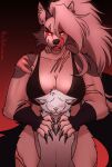 alexyoshirama anthro big_breasts blush breast_squish breasts canid canid_demon canine canis claws clothing demon digital_media_(artwork) dominant dominant_female duo ear_piercing female fox fur hair hellhound helluva_boss hi_res huge_breasts looking_at_viewer loona_(helluva_boss) male male/female mammal muscular mythological_canine mythological_creature mythology open_mouth piercing red_sclera ring_piercing scar scars_all_over simple_background smile squish submissive submissive_male tail teeth tongue tongue_out white_body white_fur wolf ych_(character)