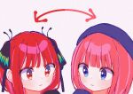  2girls arima_kana arima_kana_(cosplay) blue_eyes blush bob_cut butterfly_hair_ornament closed_mouth cosplay costume_switch crossover go-toubun_no_hanayome hair_ornament highres look-alike multiple_girls myon27xx nakano_nino nakano_nino_(cosplay) oshi_no_ko red_eyes red_hair simple_background trait_connection two_side_up upper_body 