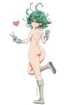 1girl absurdres artist_name ass blue_gloves boku_no_hero_academia boots commentary cosplay english_commentary flipped_hair full_body gloves green_eyes green_hair hagakure_tooru hagakure_tooru_(cosplay) hand_up heart highres mmmalice nude one-punch_man short_hair simple_background smile solo standing standing_on_one_leg tatsumaki thighs topless v white_background white_footwear 