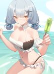  1girl bare_shoulders bikini bikini_skirt breasts detached_collar double_bun dutch_angle food frilled_bikini frills grey_hair hair_bun halterneck highres holding kildir long_hair looking_at_viewer midriff navel orange_eyes original parted_lips popsicle solo stomach swimsuit thighs two-tone_bikini white_bikini 