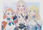  3girls annette_fantine_dominic armor blonde_hair blue_background blue_eyes border braided_hair_rings breastplate brown_dress capelet center_frills closed_mouth commentary_request dress earrings fingernails fire_emblem fire_emblem:_three_houses fire_emblem_warriors:_three_hopes frills fur-trimmed_capelet fur_trim green_eyes headdress highres ingrid_brandl_galatea jewelry lips long_hair long_sleeves mercedes_von_martritz multiple_girls oas official_alternate_costume official_alternate_hairstyle open_mouth orange_capelet orange_hair outside_border own_hands_together pink_lips pink_nails purple_eyes short_hair shoulder_armor simple_background smile twitter_username white_border white_dress white_headwear 