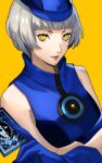  1girl arm_under_breasts bare_shoulders blue_dress blue_gloves blue_headwear blunt_bangs card dress elizabeth_(persona) gloves grey_hair hat high_collar highres holding holding_card lips looking_at_viewer parted_lips persona persona_3 pertex_777 short_hair sleeveless sleeveless_dress solo upper_body yellow_background yellow_eyes 