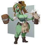  absurd_res alcohol beer beverage big_breasts breasts brown_hair cleavage clothed clothing female goblin green_body green_skin hair hi_res humanoid not_furry nuclearwasabi solo thick_thighs 