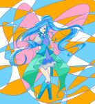  1girl aqua_skirt arms_behind_back blue_footwear boots cure_fontaine flat_color hair_ornament healin&#039;_good_precure high-low_skirt knee_boots limited_palette long_hair looking_to_the_side no_nose precure puffy_sleeves r2ndmix sawaizumi_chiyu skirt solo standing 