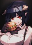  1girl black_background black_gloves breasts closed_mouth collared_shirt demon_girl demon_horns gloves highres hime-sama_&quot;goumon&quot;_no_jikan_desu holding_burger horns large_breasts lipstick looking_at_viewer makaroll makeup purple_hair red_eyes shirt simple_background slit_pupils smile solo suspenders torture_tortura upper_body white_shirt 