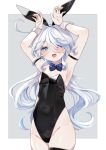  1girl :d animal_ears arm_strap armpits arms_up black_leotard black_thighhighs blue_bow blue_bowtie blue_eyes blue_hair blush border bow bowtie breasts cameltoe cowboy_shot detached_collar fake_animal_ears furina_(genshin_impact) genshin_impact grey_background heterochromia highleg highleg_leotard highres legs_together leotard long_hair looking_at_viewer low_twintails multicolored_hair open_mouth outside_border playboy_bunny rabbit_ears rabbit_pose sidelocks simple_background small_breasts smile solo strapless strapless_leotard streaked_hair t_rinne_illust thigh_gap thighhighs thighs traditional_bowtie twintails white_border white_hair 