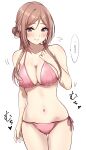  1girl absurdres bikini blush breasts brown_hair cleavage collarbone commentary_request gakuen_idolmaster highres himesaki_rinami idolmaster large_breasts looking_at_viewer murabito_c navel pink_bikini side-tie_bikini_bottom simple_background skindentation smile solo speech_bubble stomach swimsuit thigh_gap translation_request white_background 