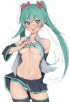  1girl :d aqua_eyes aqua_hair ass_visible_through_thighs bare_shoulders black_thighhighs blush bow bra bra_lift breasts detached_sleeves furuyama_itaru groin hair_bow hatsune_miku lifted_by_self long_hair looking_at_viewer navel open_clothes open_mouth open_vest panties pleated_skirt simple_background skirt smile solo striped striped_bra striped_panties thighhighs twintails underboob underwear vest vocaloid white_background 
