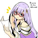  1girl arm_up bare_shoulders circlet dress eyewear_on_head fire_emblem fire_emblem:_genealogy_of_the_holy_war glasses holding holding_paper julia_(fire_emblem) long_hair paper purple_eyes purple_hair smile solo wide_sleeves yukia_(firstaid0) 