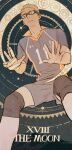  1boy bandaged_hand bandages brown_eyes chengongzi123 closed_mouth collared_shirt english_text feet_out_of_frame gears glasses grey_shirt grey_shorts haikyuu!! hands_up hashtag_only_commentary highres knee_pads light_brown_hair shirt short_sleeves shorts sportswear standing sweat tarot the_moon_(tarot) tsukishima_kei volleyball_uniform 