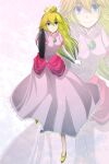  1girl blonde_hair blue_eyes breasts brooch crown dress elbow_gloves frying_pan full_body gloves highres holding holding_frying_pan jewelry long_hair looking_at_viewer mario_(series) miraxth523 pink_dress princess_dress princess_peach simple_background solo 