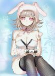  1girl animal_ears animal_hood armlet bare_shoulders breasts cleavage controller danganronpa_(series) danganronpa_2:_goodbye_despair detached_collar fake_animal_ears fishnet_thighhighs fishnets galaga highres holding holding_controller hood large_breasts mole mole_on_breast nanami_chiaki neck_ribbon official_alternate_costume pink_eyes pink_ribbon rabbit_hood rabbit_tail ribbon sitting skindentation tail talesofmea thighhighs 