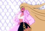  1girl blonde_hair breasts cleavage coat destripando_la_historia ear_piercing earrings feet_out_of_frame fur_coat hand_on_own_hip headband hera_(destripando_la_historia) jewelry long_hair looking_to_the_side open_clothes open_coat piercing pink_background skirt solo sports_bra sunglasses tan var_stark very_long_hair 