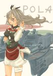  1girl ascot blush bodice breasts bridal_garter brown_eyes cannon corset cowboy_shot grey_hair hair_between_eyes hat highres kantai_collection large_breasts layered_skirt long_hair long_sleeves looking_at_viewer mini_hat original_remodel_(kantai_collection) pola_(kancolle) pot-de red_ascot rigging shirt skirt smile solo tilted_headwear turret wavy_hair white_shirt zara_(kancolle) zara_due_(kancolle) 