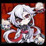  2boys 2girls animal_ears arlecchino_(genshin_impact) black_eyes black_hair brother_and_sister cat_ears chibi closed_eyes coat commentary_request freminet_(genshin_impact) genshin_impact gnsn_no09 grey_hair grey_shirt head_tilt long_hair looking_at_viewer lynette_(genshin_impact) lyney_(genshin_impact) multicolored_hair multiple_boys multiple_girls open_clothes open_coat purple_eyes shirt siblings smile streaked_hair upper_body very_long_hair white_coat white_hair 