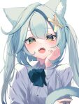  1girl :o animal_ear_fluff animal_ears aqua_hair aqua_nails blue_bow blue_bowtie blush bow bowtie buttons cat_ears cat_girl cat_tail collared_shirt commentary_request dress_shirt eyelashes fangs faruzan_(genshin_impact) fingernails genshin_impact green_eyes hair_between_eyes hair_ornament hand_up head_rest highres long_hair long_sleeves looking_at_viewer nail_polish open_mouth pomepome1207 shirt sidelocks simple_background solo symbol-shaped_pupils tail teeth triangle-shaped_pupils twintails upper_body upper_teeth_only white_background white_shirt x_hair_ornament 