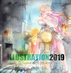  1girl 2019 blonde_hair building chidoridama city glowing illustration.media looking_to_the_side motor_vehicle motorcycle outdoors painting_(medium) pink_hair profile traditional_media watercolor_(medium) 