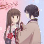  2girls akigure1 brown_eyes brown_hair cherry_blossoms fruits_basket hair_bun hand_on_another&#039;s_face hand_on_another&#039;s_shoulder haori highres honda_tohru japanese_clothes kimono light_blush long_hair multiple_girls pearl_hair_ornament purple_eyes purple_hair smile souma_akito twitter_username wide-eyed 