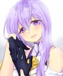  1girl bare_shoulders black_gloves blush circlet dress fire_emblem fire_emblem:_genealogy_of_the_holy_war gloves head_tilt julia_(fire_emblem) long_hair open_mouth purple_eyes purple_hair smile solo upper_body yukia_(firstaid0) 