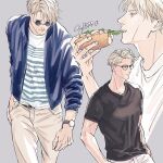  1boy belt black_shirt blonde_hair blue_jacket brown_pants casual food holding holding_food jacket jujutsu_kaisen male_focus nanami_kento pants sandwich shirt short_hair short_sleeves striped striped_shirt sunglasses t-shirt upper_body walking watch white_pants white_shirt ykrrr23 