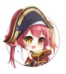  1girl ascot bicorne black_coat blush boots brown_footwear chibi coat eyepatch fold-over_boots full_body gold_trim hat highres hololive houshou_marine masamune_(rasyid.khan.965) off_shoulder open_mouth pirate red_ascot red_hair simple_background sleeves_past_fingers sleeves_past_wrists smile solo treasure treasure_chest twintails virtual_youtuber 