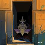  aegislash apios bright_pupils crack cracked_wall door english_text floating highres looking_at_viewer no_humans one-eyed pokemon pokemon_(creature) purple_eyes shield slit_pupils sword weapon white_pupils 