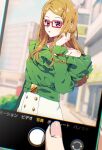  1girl akai_meganee bare_shoulders blurry blurry_background brown_hair cellphone cellphone_photo commentary_request day glasses green_shirt hand_up highres long_hair long_sleeves looking_at_viewer open_mouth outdoors phone pov pov_hands pretty_series red-framed_eyewear road shirt skirt smartphone solo_focus standing street taking_picture tsujii_ruki user_interface waccha_primagi! white_skirt 