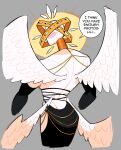 absurd_res angel back_muscles biblically_accurate_angel blush clothing dialogue dress female hi_res humor idolomantises multi_eye muscular muscular_female pose sera_(idolomantises) solo wings