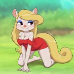  all_fours animaniacs anthro artist_name black_eyes blonde_hair blue_eyeshadow blush breasts cleavage clothed clothing dress eyeshadow female hair hi_res kionant long_hair makeup mammal minerva_mink mink mustelid musteline off_shoulder red_clothing smile solo true_musteline warner_brothers 