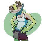 amphibian anthro biped bottomwear brown_eyes clothed clothing fingers frog green_body green_skin hi_res horizontal_pupils male pupils rabbitpatches shorts smile solo