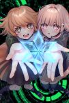  1boy 1girl :d :o arm_up black_jacket black_socks black_thighhighs brown_hair brown_skirt danganronpa:_trigger_happy_havoc danganronpa_(series) danganronpa_2:_goodbye_despair esu_(tasoesu) fujisaki_chihiro galaga hair_ornament highres hood hooded_jacket jacket kneehighs light_brown_hair looking_at_viewer nanami_chiaki neck_ribbon open_clothes open_jacket open_mouth pink_eyes pink_footwear pink_ribbon pleated_skirt ribbon short_hair skirt smile socks teeth thighhighs upper_teeth_only 