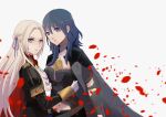  2girls bangs black_jacket blue_eyes cape closed_mouth edelgard_von_hresvelg fire_emblem fire_emblem:_three_houses garreg_mach_monastery_uniform gloves grey_background grey_cape grey_hair hair_between_eyes hair_intakes hair_ribbon jacket long_hair long_sleeves looking_at_viewer midriff multiple_girls navel petals purple_eyes purple_ribbon ribbon shiny shiny_hair stomach straight_hair white_gloves white_hair yukiyanagi_raki 